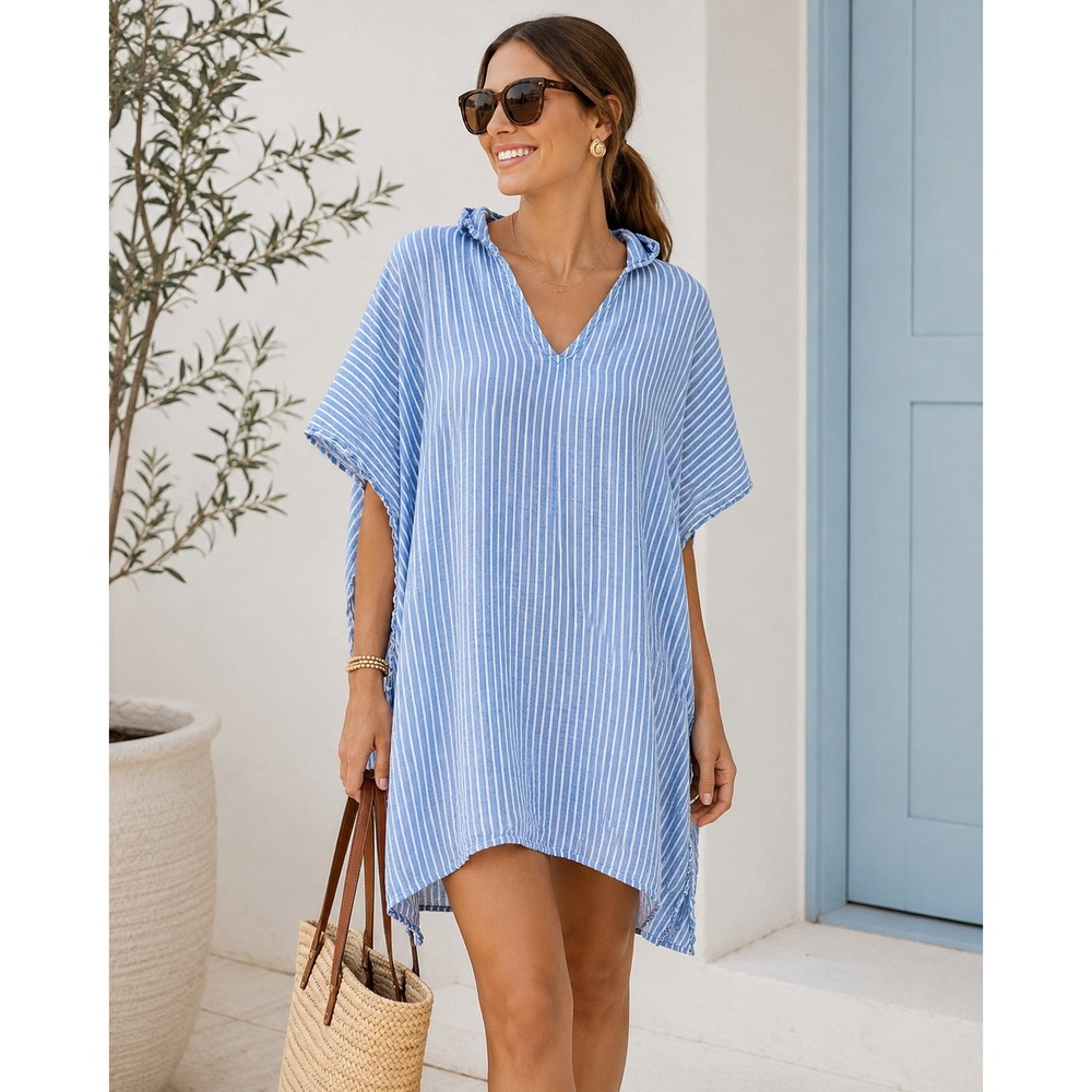 Carla Christoph Houston Blue White Striped Lightweight Kaftan Dress Cover Up- OS